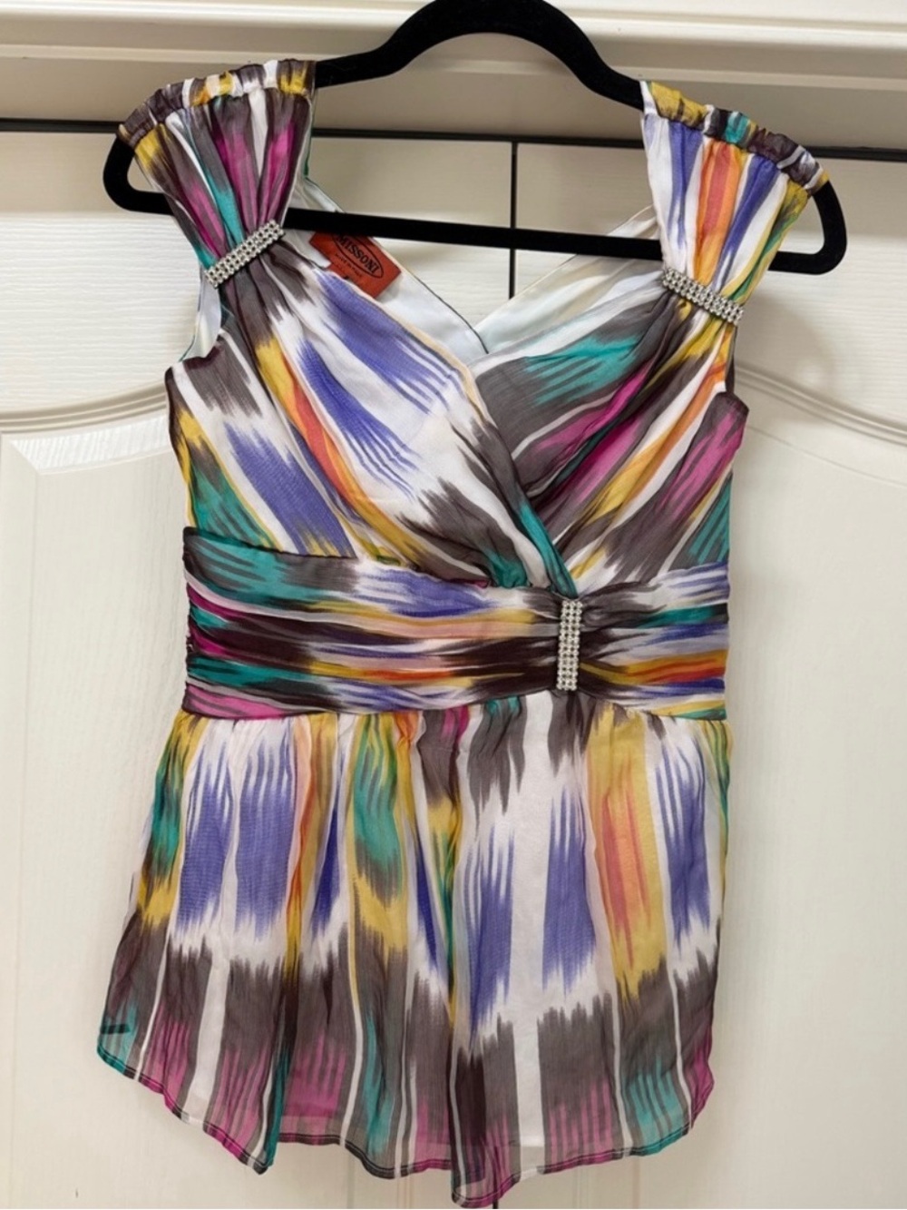 #260 VINTAGE Missoni Multicolor Brushstroke Rhinestone-Detail V-Neck SILK Top